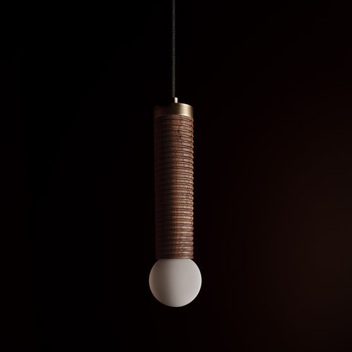 Axis Ceiling Pendant in walnut and aged brass, unlit, Studio Baldo
