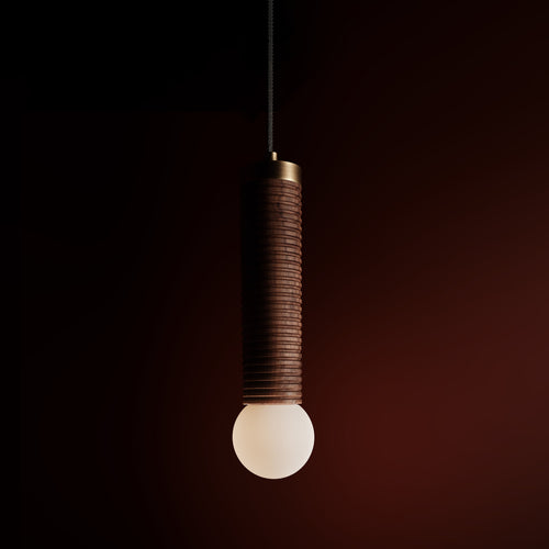 Axis Ceiling Pendant in walnut and aged brass, lit, Studio Baldo