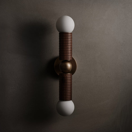 Axis Wall Sconce in walnut and aged brass, unlit, Studio Baldo