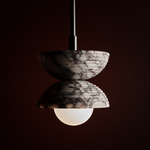 Bolo Ceiling Pendant in Calacatta Viola and blackened brass, lit, Studio Baldo