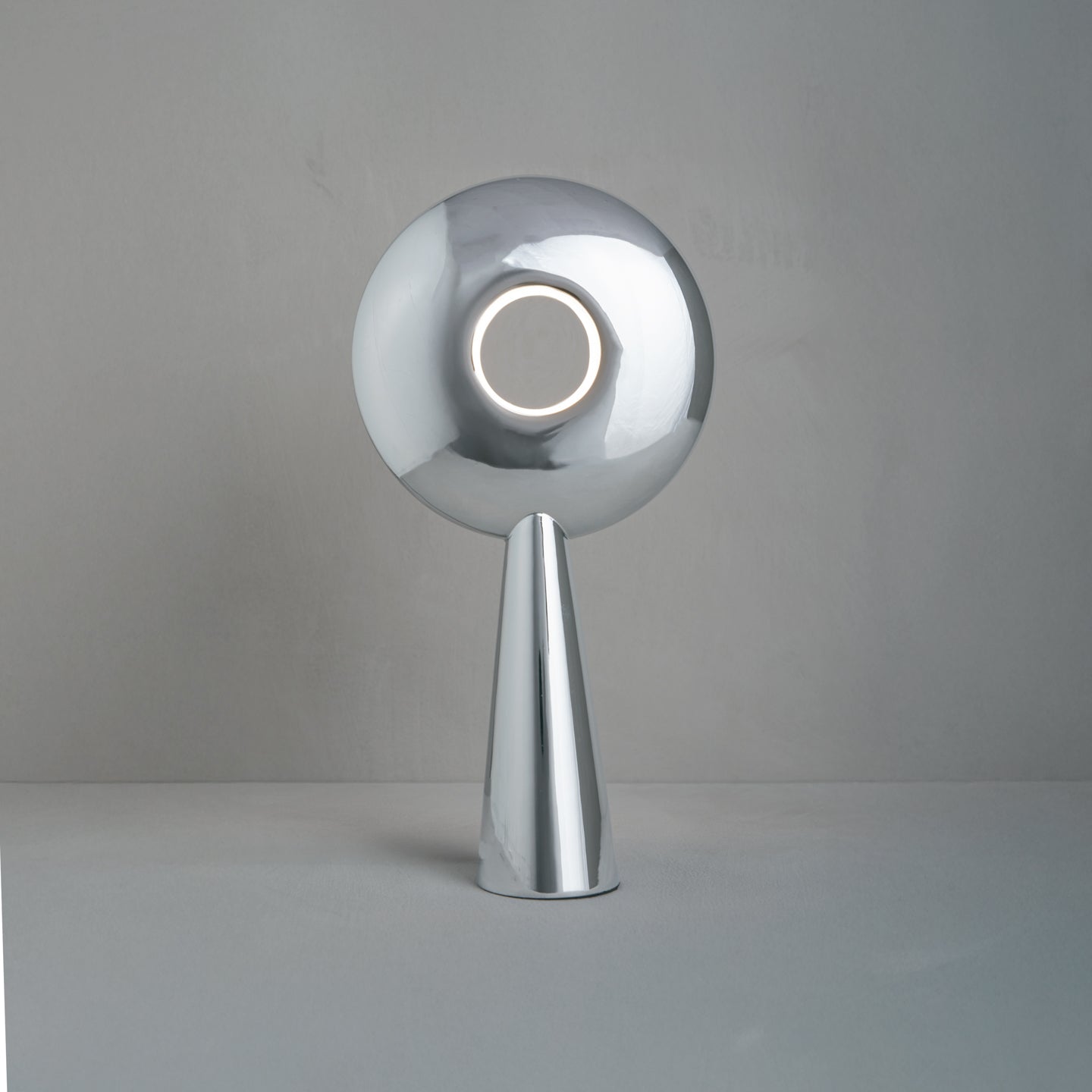 Rondo Table Lamp in Chrome Metal | Sculptural Conical Metal Table Lamp | Studio Baldo