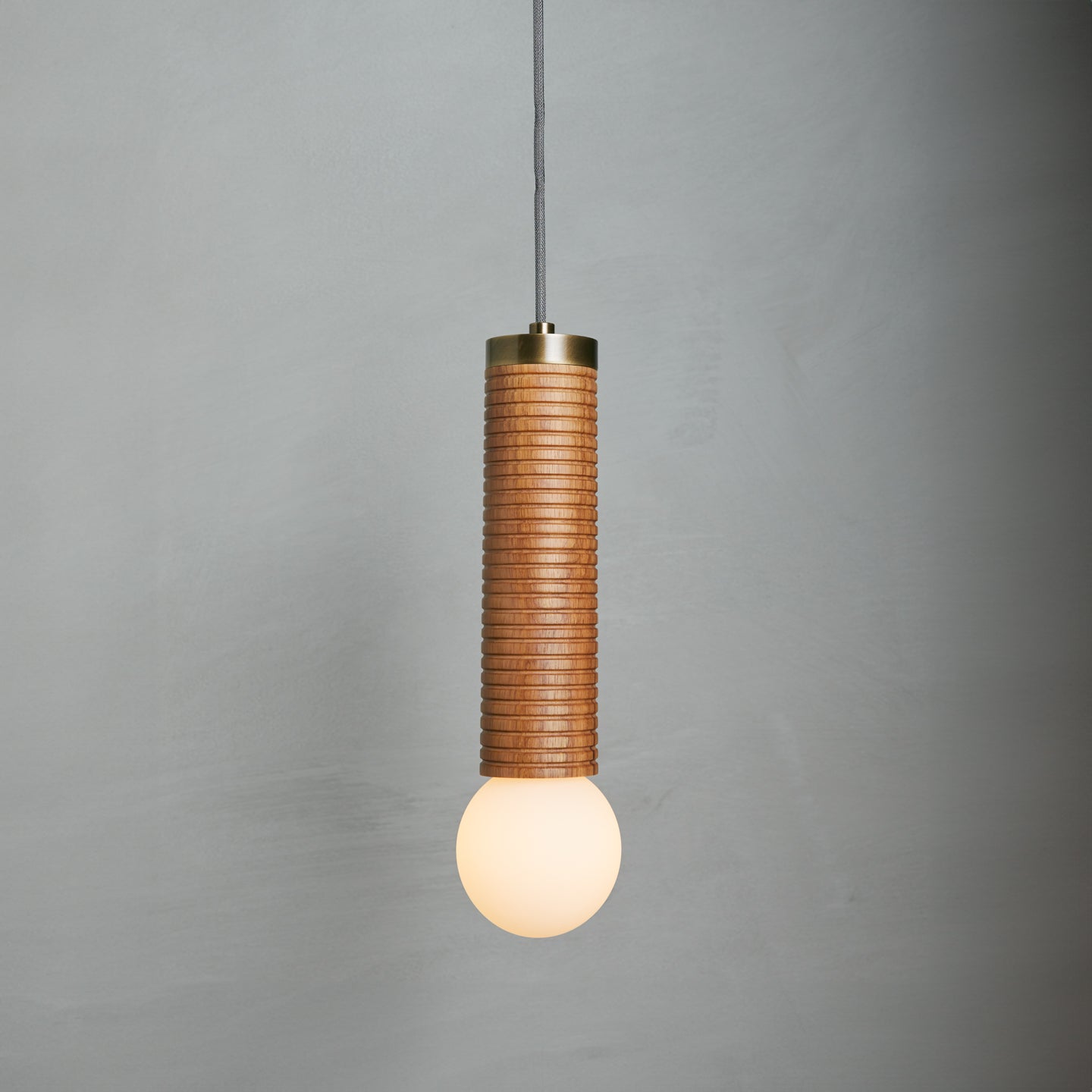 Axis Ceiling Pendant in oak and aged brass, Studio Baldo