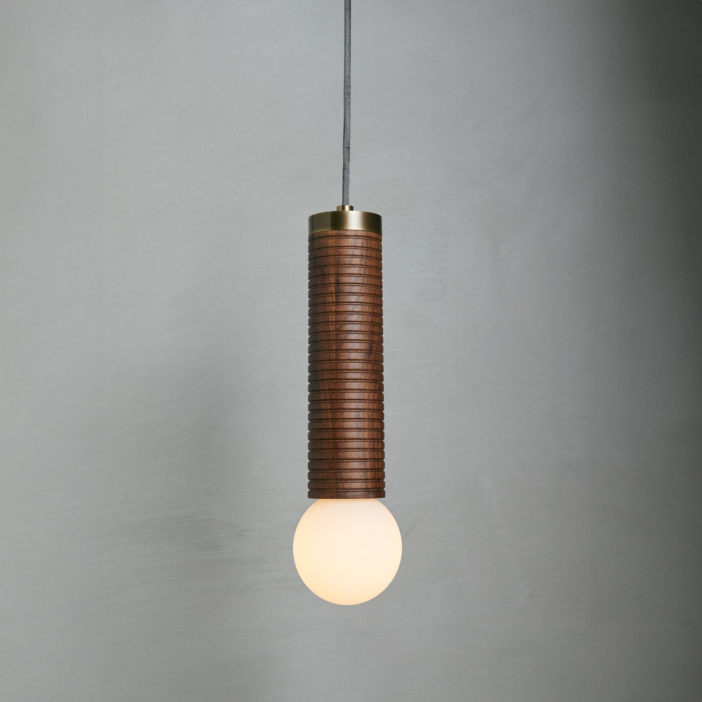 Axis Ceiling Pendant in walnut and aged brass, Studio Baldo