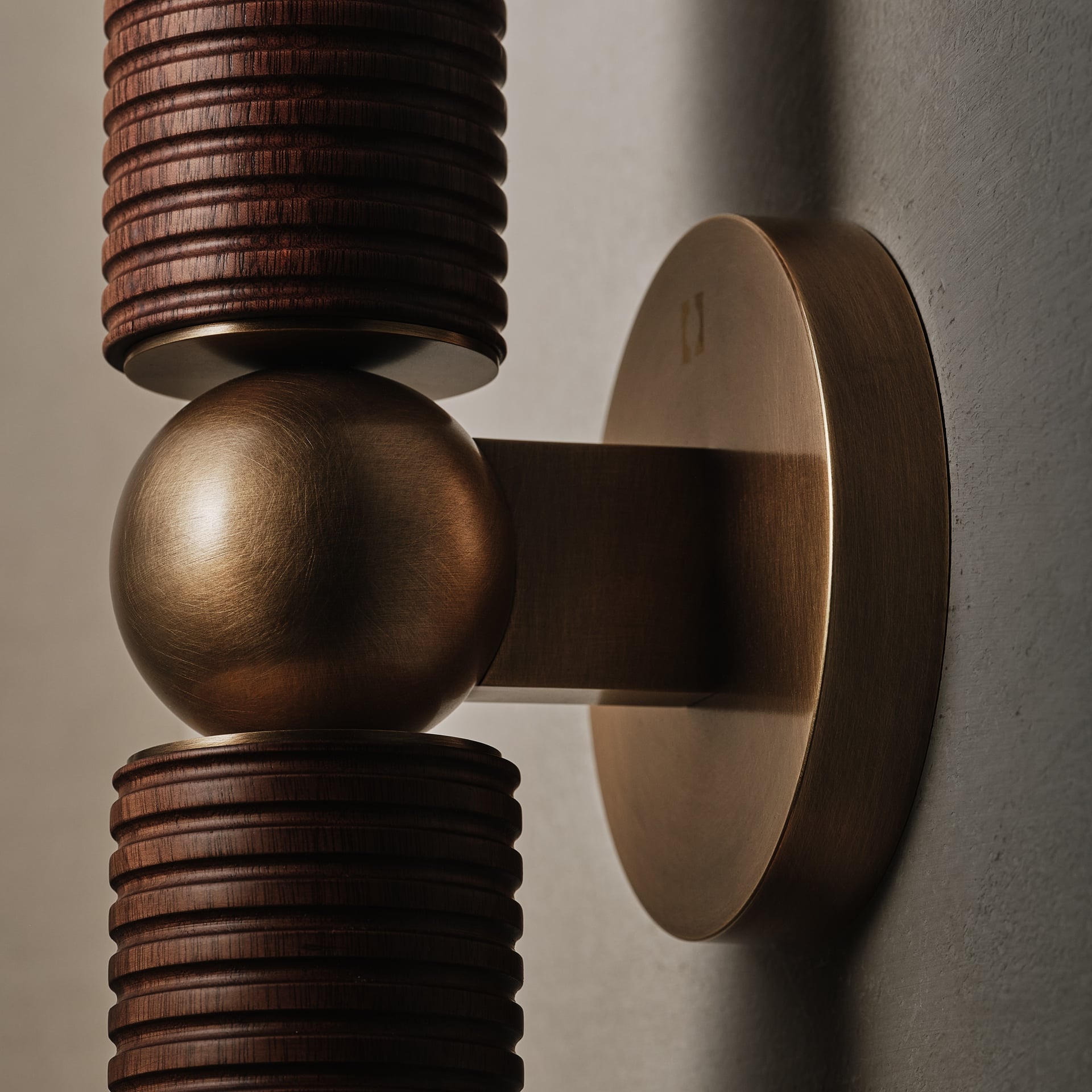 Axis Wall Sconce in walnut and aged brass, detail, Studio Baldo