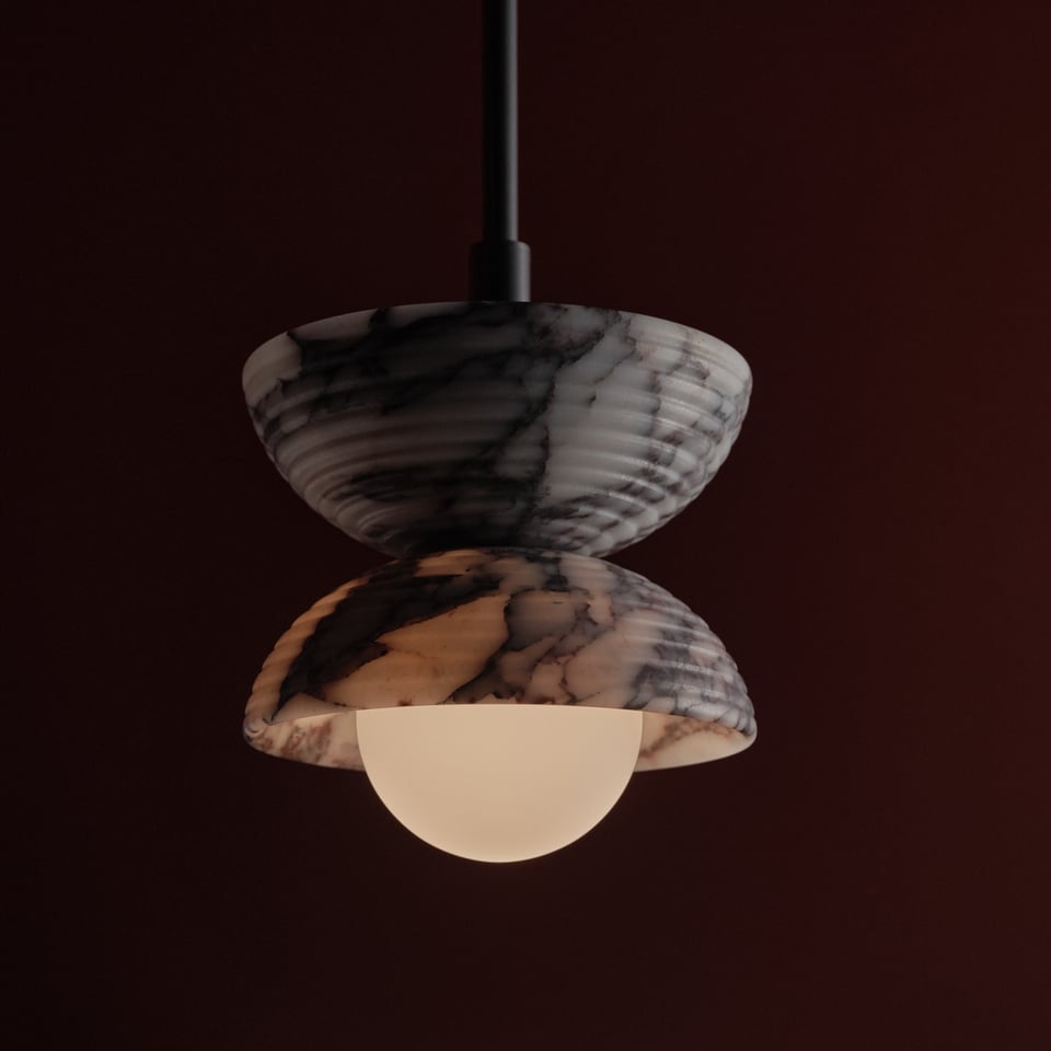 Bolo Ceiling Pendant in Calacatta Viola and blackened brass, angled view, Studio Baldo