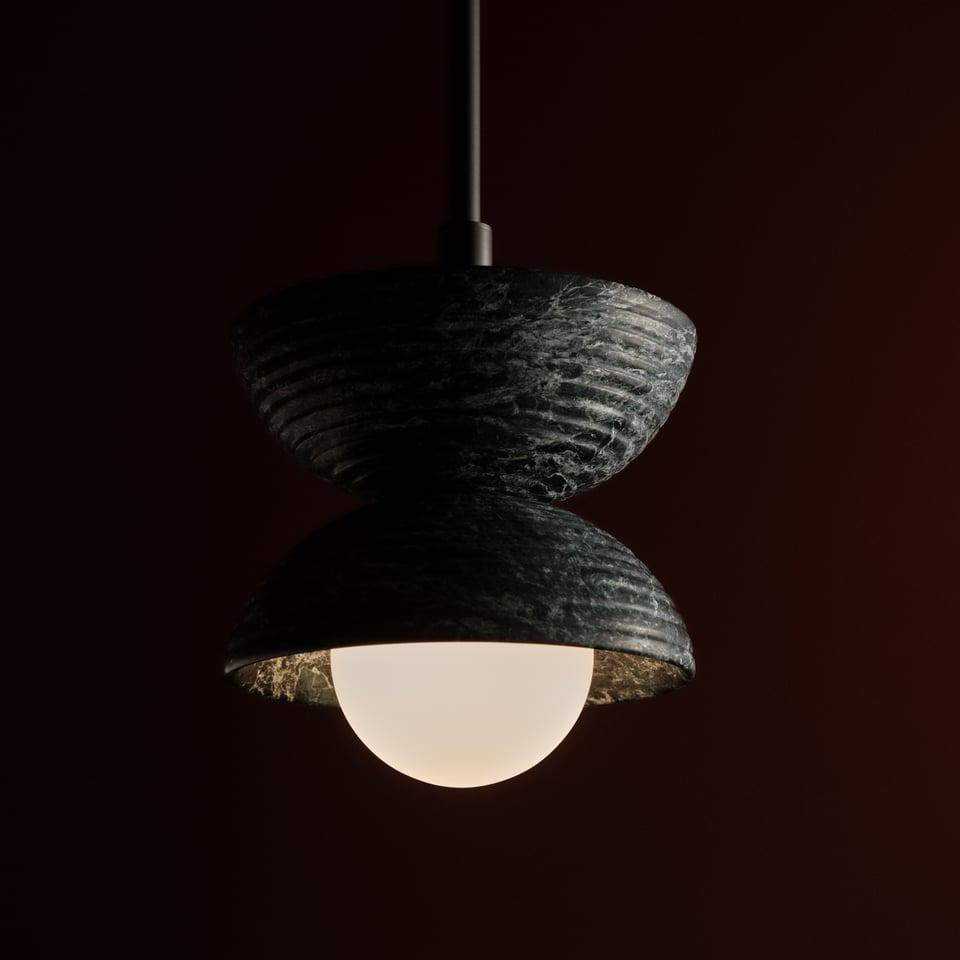 Bolo Ceiling Pendant in Verde Guatemala and blackened brass, angled view, Studio Baldo