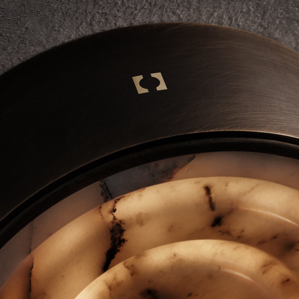 Ciclo Wall Sconce in Calacatta Viola and brown wax polished, detail, Studio Baldo