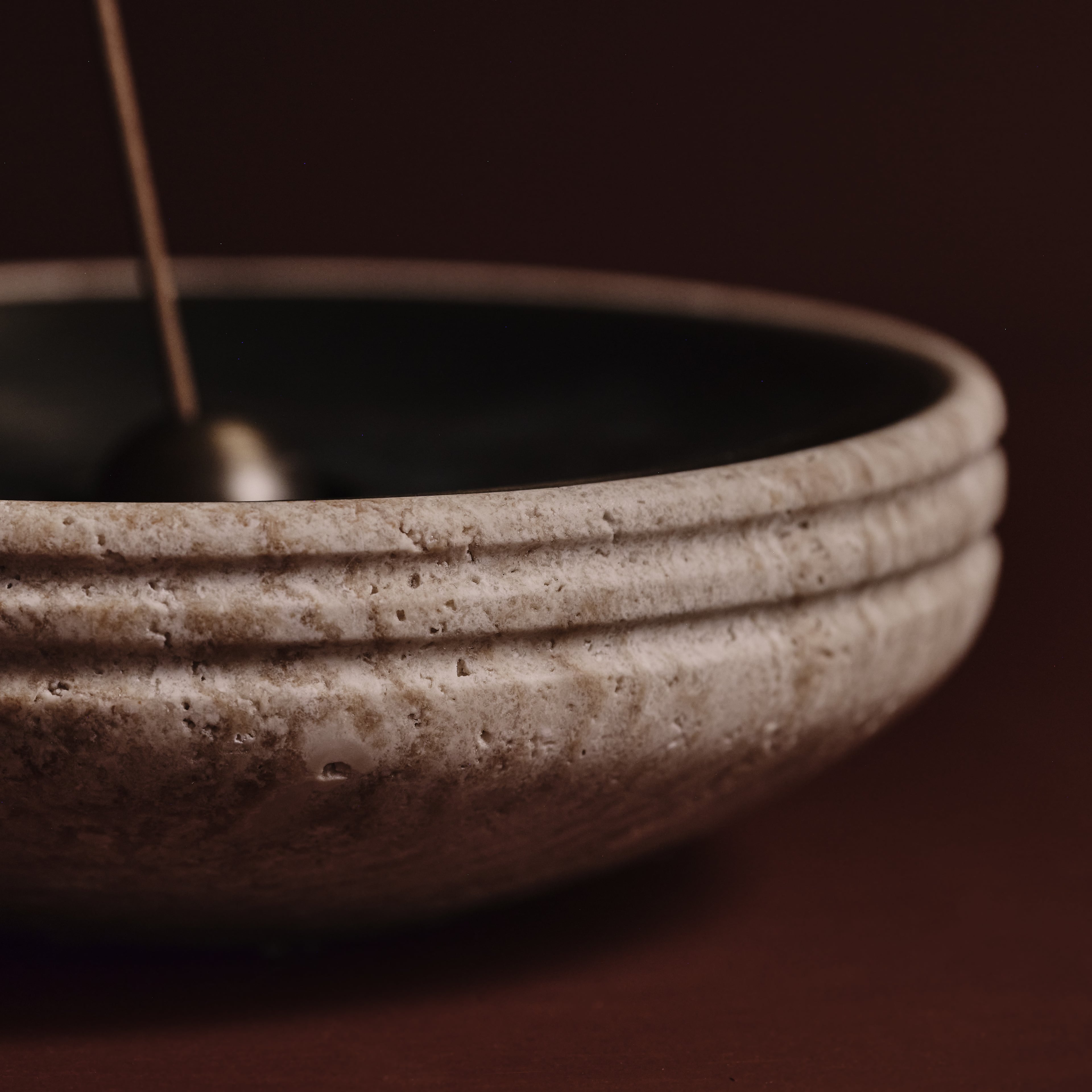 Nina Incense Burner in Travertine and aged brass, detail, Studio Baldo