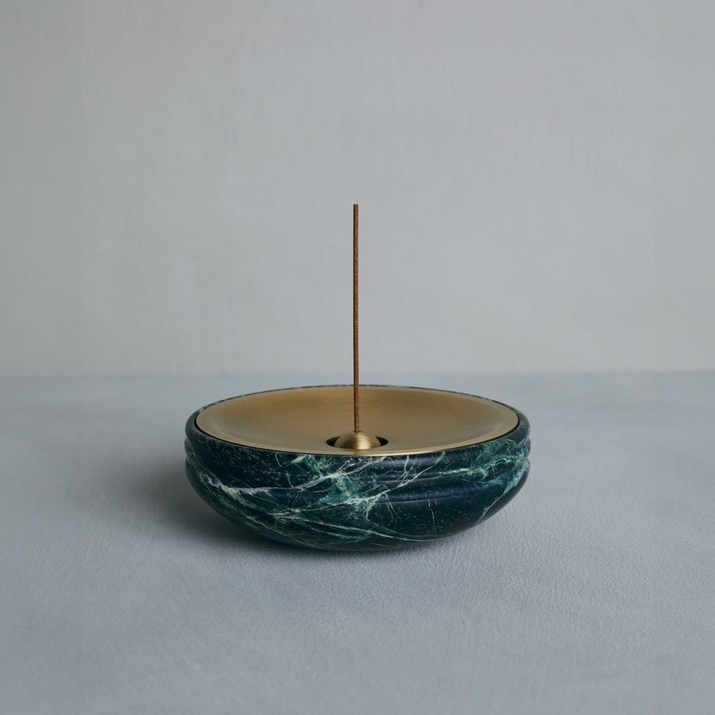 Nina Incense Burner in Verde Guatemala and aged brass, angled view, Studio Baldo