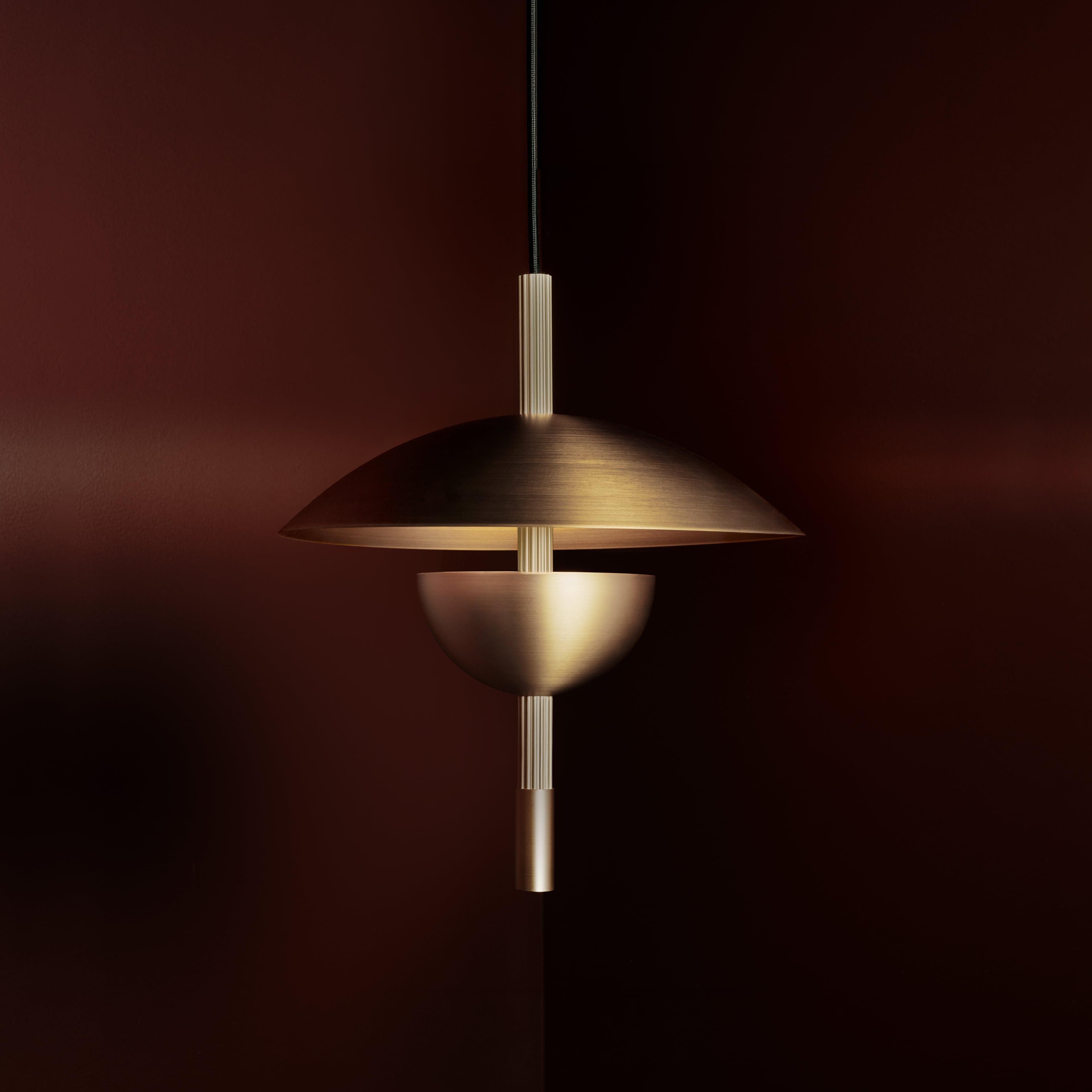 Orbit Ceiling Pendant in brushed brass, lit, Studio Baldo